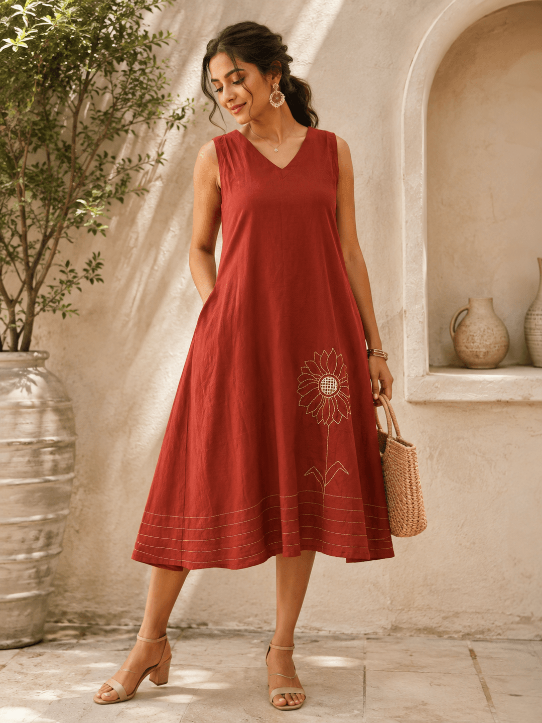 Brick A-Line Dress with Hand-Embroidered Sunflower Motif
