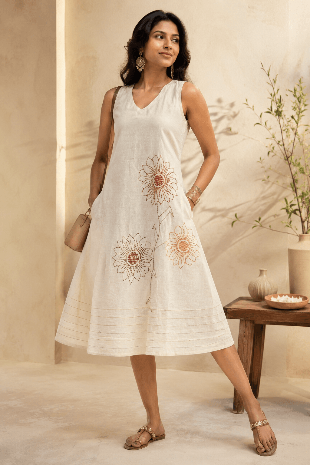 Ivory A-Line Dress with Hand-Embroidered Sunflower Motif