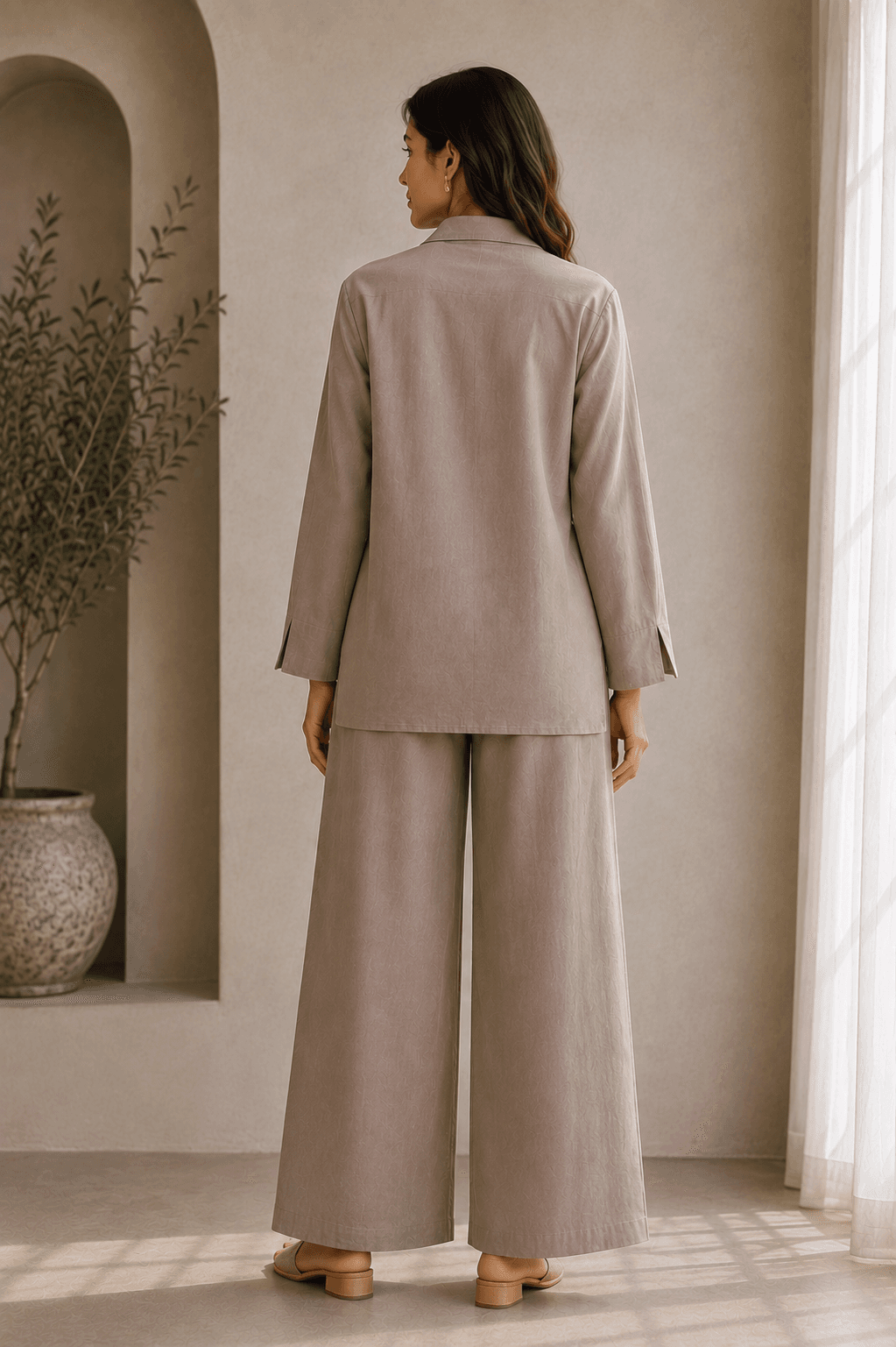 Taupe Hand-Embroidered Cotton Flex Co-ord Set