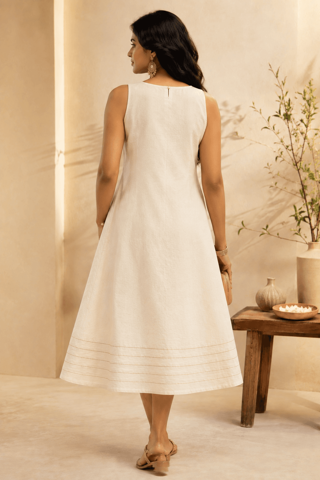 Ivory A-Line Dress with Hand-Embroidered Sunflower Motif