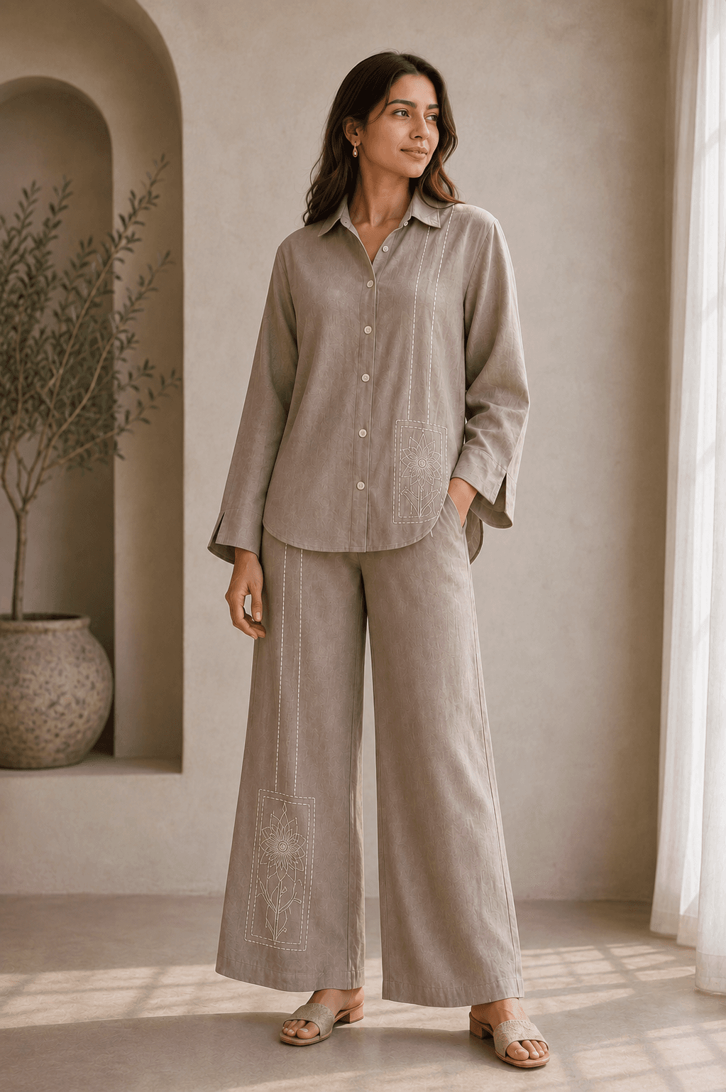 Taupe Hand-Embroidered Cotton Flex Co-ord Set
