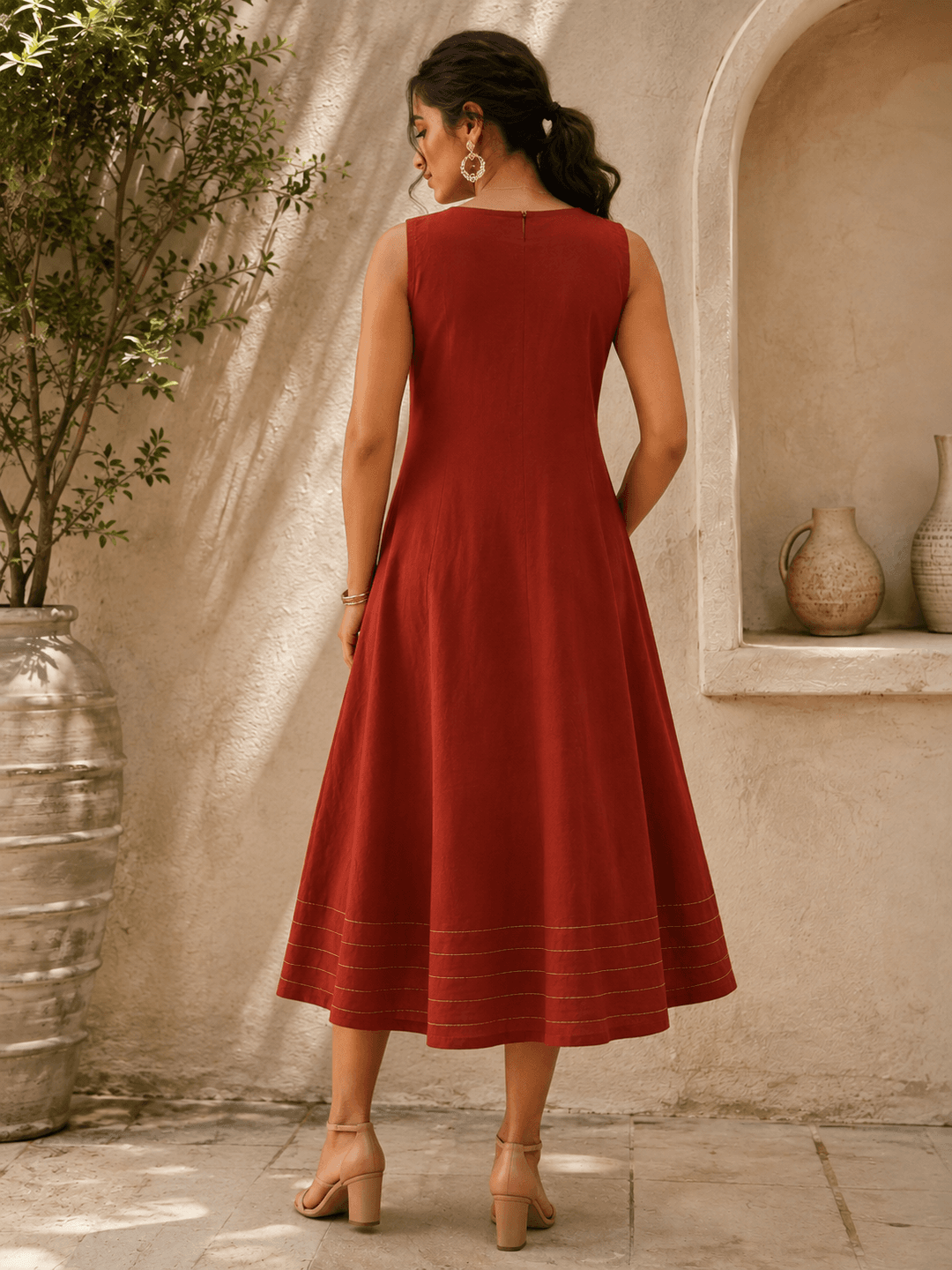 Brick A-Line Dress with Hand-Embroidered Sunflower Motif
