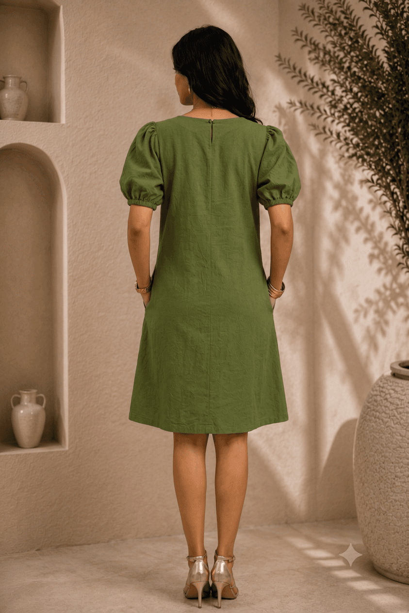 Green A-Line Dress with Puff Sleeves & Hand-Embroidered Sunflower
