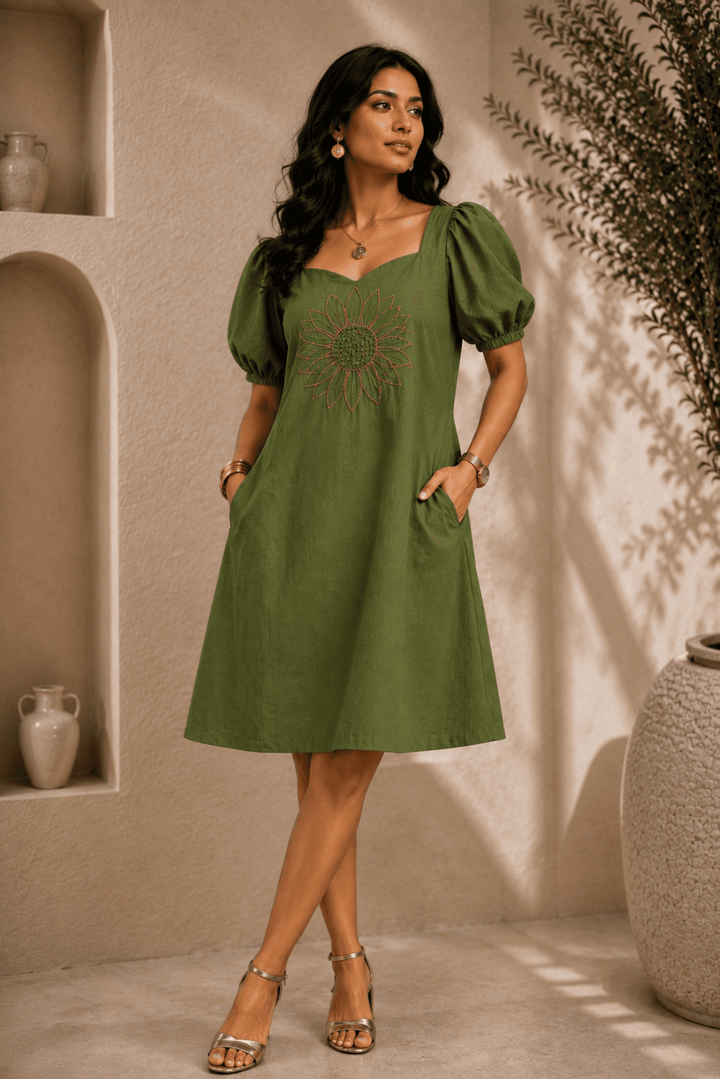 Green A-Line Dress with Puff Sleeves & Hand-Embroidered Sunflower